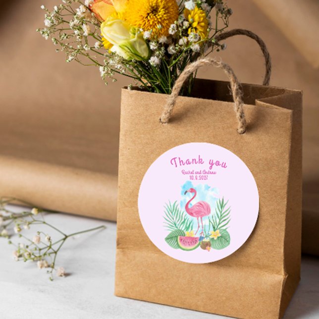Redonda Pegatina Boda de color de agua tropical Flamingo (Tropical Watercolor Flamingo Wedding Sticker)