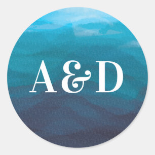 Redonda Pegatina Boda de color de las olas del océano azul