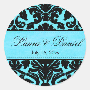 Redonda Pegatina Boda de Damask azul y negro de 1,5"