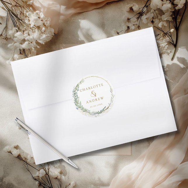Redonda Pegatina boda de eucalipto moderno y elegante (Modern Elegant Eucalyptus Custom Wedding Sticker.)