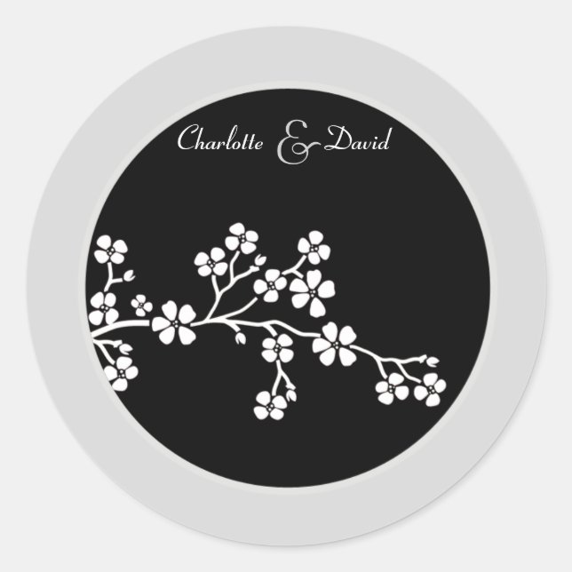 Redonda Pegatina Boda de flores de cerezo negro plateado (Anverso)