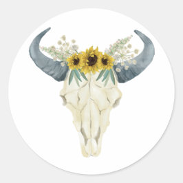 Redonda Pegatina Boda de girasoles y cráneo toro