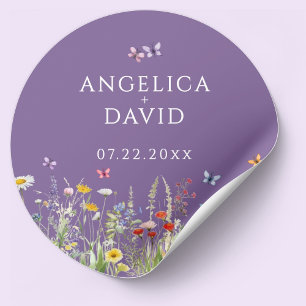 Redonda Pegatina Boda de mariposas Purple Wildflowers
