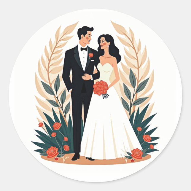 Redonda Pegatina Boda de pareja romántica (Anverso)