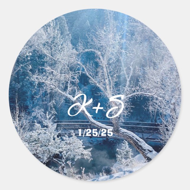 Redonda Pegatina Boda de Puente de Montañas de Invierno de (Anverso)