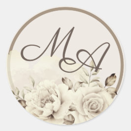 Redonda Pegatina boda de rosas blancas rústicas monogramad