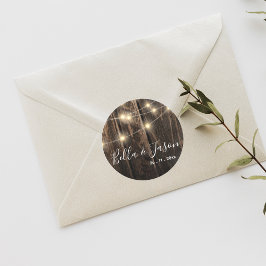 Redonda Pegatina Boda de Rustic Wood String Lights