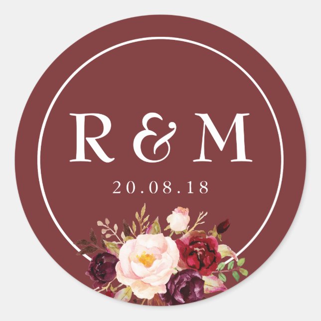 Redonda Pegatina boda floral de Borgoña (Anverso)