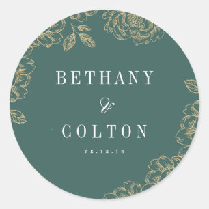 Redonda Pegatina Boda floral romántico   Esmeralda