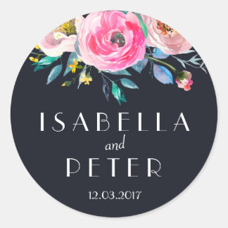 Redonda Pegatina Boda floral rosa azul de la Marina