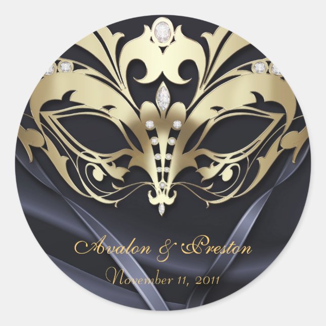 Redonda Pegatina Boda negro de mascarada de oro (Anverso)