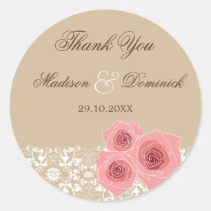 Redonda Pegatina Boda Romántico Rosa Damask Lace