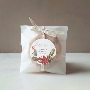 Redonda Pegatina Boda Rustic Pine Poinsettia