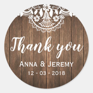 Redonda Pegatina Boda Rustic Wood Lace