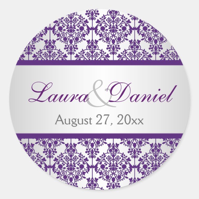 Redonda Pegatina Boda Silver y Purple Damask de 1,5" (Anverso)