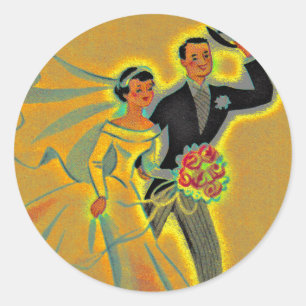 Redonda Pegatina Boda Vintage Pareja Novia Groom Golden