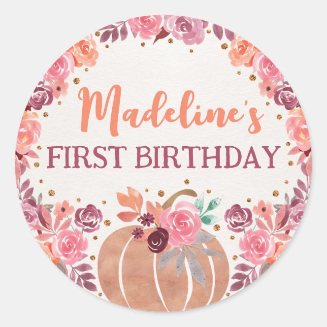 Redonda Pegatina Boho Floral Little Pumpkin 1er Cumpleaños (Anverso)