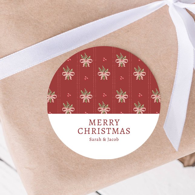 Redonda Pegatina Botánica Navideña Rojo Rústico (Rustic Red Christmas Botanicals Sticker | Watercolor Greenery & Holiday Bows by Painted Paperie)