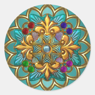 Redonda Pegatina Brillante Turquesa Rosa Dorado Joya 2