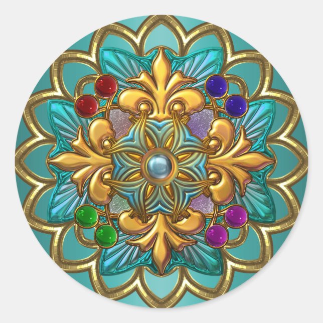 Redonda Pegatina Brillante Turquesa Rosa Dorado Joya 2 (Anverso)