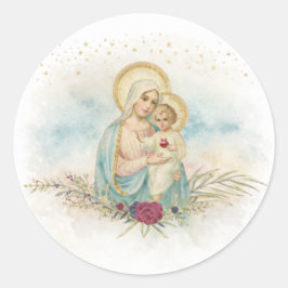 Redonda Pegatina católica floral vintage de la Madonna y e