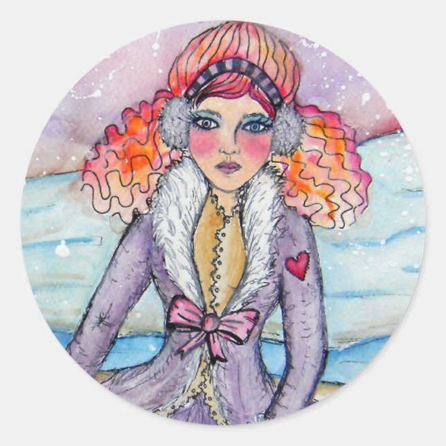 Redonda Pegatina Chica de nieve (Anverso)