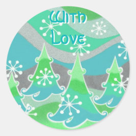 Redonda Pegatina circular de Winter Trees Green 'With Love