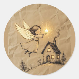 Redonda Pegatina clásica de Navidad de ángel y estrella vi