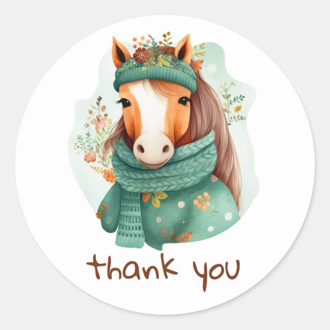 Redonda pegatina con un hermoso caballo acuarela (Anverso)