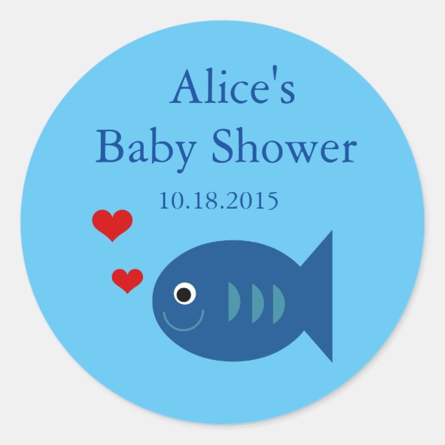 Redonda Pegatina Cute Blue Fish Baby Boy Shower (Anverso)