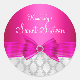 Redonda Pegatina Damask & Bow Rosa Sweet Sixteen