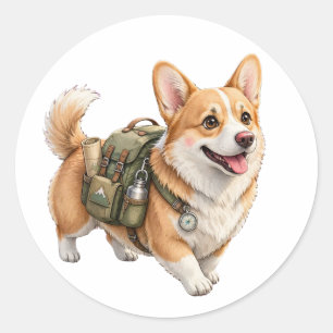 Redonda Pegatina de Acuarela Aventura de Caminata de Corgi