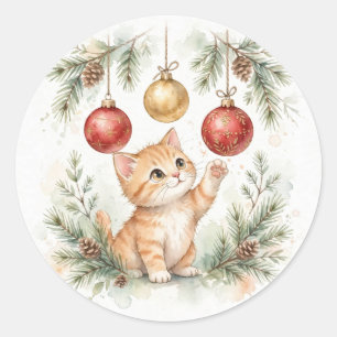 Redonda Pegatina de adornos de Navidad de gatito con acuar