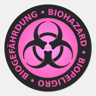 Redonda Pegatina de advertencia de peligro bilingüe rosado