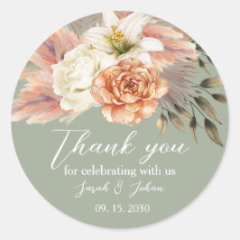 Redonda Pegatina de agradecimiento de boda floral melocotó