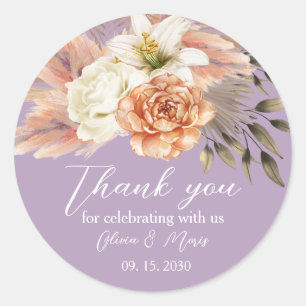 Redonda Pegatina de agradecimiento de boda floral melocotó