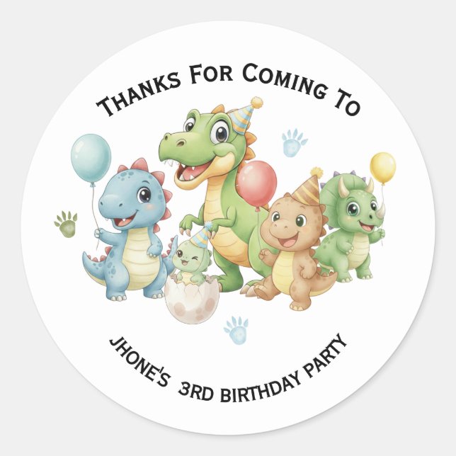 Redonda Pegatina de agradecimiento de cumpleaños de dinosa (Anverso)