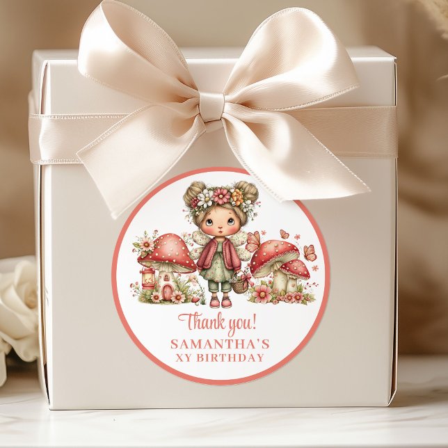 Redonda Pegatina de agradecimiento de cumpleaños floral de (Dreamy Pink Fairy Floral Birthday Thank You Stickers)