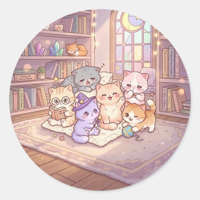 Redonda Pegatina de amigos de la biblioteca de gatos paste (Anverso)