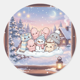 Redonda Pegatina de amigos de muñeco de nieve invernal aco