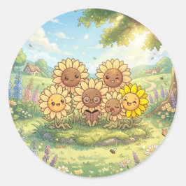 Redonda Pegatina de amigos del jardín de girasoles felices