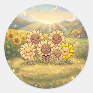 Redonda Pegatina de amigos del prado de girasoles soleados