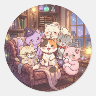 Redonda Pegatina de amigos gatos de la biblioteca mágica