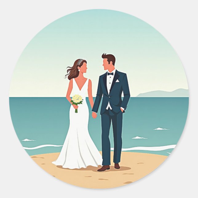 Redonda Pegatina de amor de bodas de playa (Anverso)