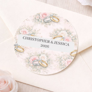 Redonda Pegatina de anillos de boda florales personalizado