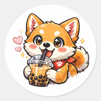 Redonda Pegatina de Anime Shiba Inu bebiendo Bubble Tea Ka