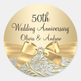 Redonda Pegatina de aniversario 50 Gold Bow Floral Swirl