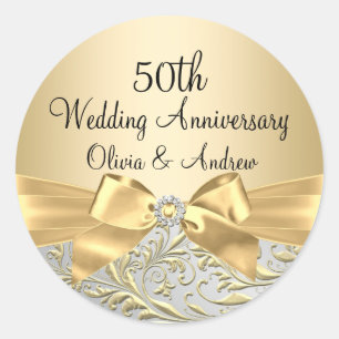 Redonda Pegatina de aniversario 50 Gold Bow Floral Swirl