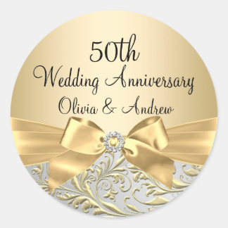 Redonda Pegatina de aniversario 50 Gold Bow Floral Swirl