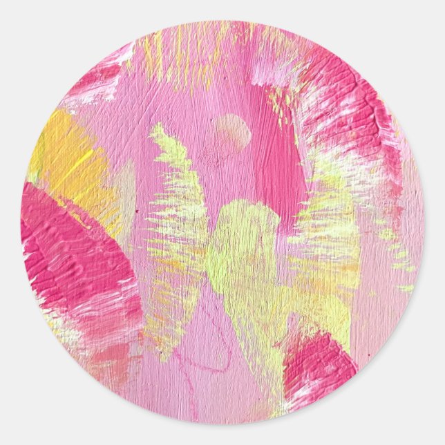 Redonda Pegatina de arte abstracto rosa y amarillo (Anverso)